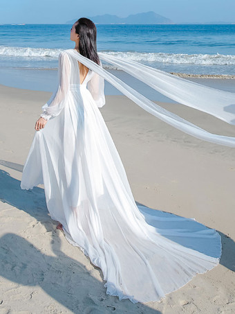 Weißes Maxikleid mit langen Ärmeln Krepp-Chiffon-Strandhochzeitskleid