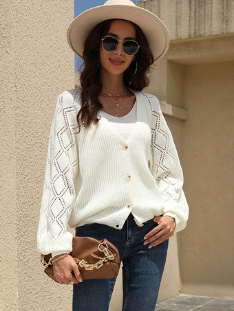 Sweaters White Acrylic Buttons Long Sleeves V-Neck Cardigans