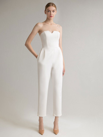 Ivory Bridal Jumpsuit 2023 Stretch Crepe Pockets Ankle-Length A-Line Strapless Sleeveless Wedding Jumpsuit Free Customization