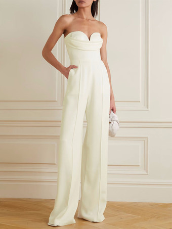 Ivory Bridal Jumpsuit 2023 Stretch Crepe Floor-Length A-Line V-Neck Sleeveless Wedding Jumpsuit Free Customization