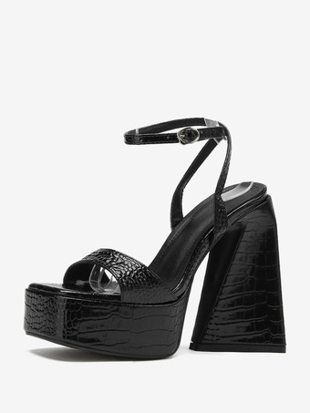 Sandalias de tacón de bloque negro Sandalias de correa de tobillo de cuero PU con punta cuadrada Zapatos de baile