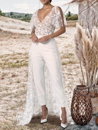 Ivory Bridal Jumpsuit 2023 Lace With Train A-Line V-Neck Short Sleeves Wedding Jumpsuit