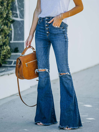 Jeans a zampa da donna a vita media con bordo grezzo strappato a campana 2023