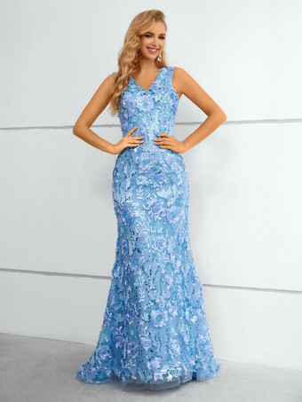 Evening Dress 2023 Mermaid V-Neck With Train Sleeveless Backless Lace Social Pageant Dresses