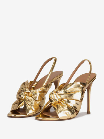 Chaussures de bal dorées sandales à talons hauts cuir PU métallique bout ouvert chaussures de soirée à bride arrière nouées
