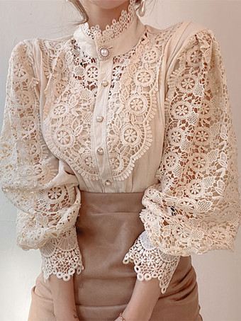 Blouse For Women Pink Lace Cut Out High Collar Casual Long Sleeves Lace Tops