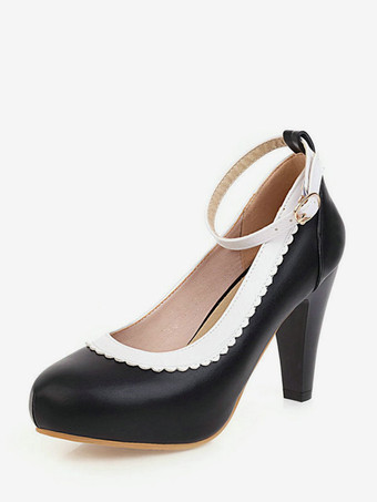 Black Vintage Shoes Women Round Toe Bows Ankle Strap Pumps