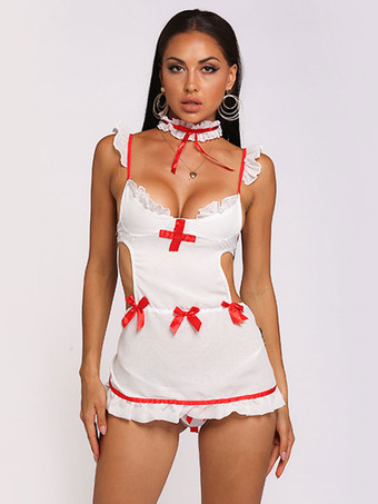 Sexy Nurse Costume Halloween White Women's Color Block Set Cravat T-back Lingerie