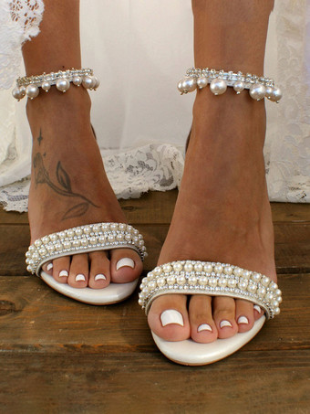 Sandalias de novia Sandalias de boda con perlas de punta abierta elegantes de cuero PU blanco