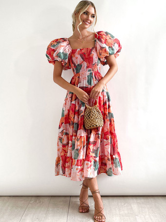 Print Midi Dresses Floral Print Layered Pleated Square Neck Short Sleeves Backless Bohemian Summer Dress