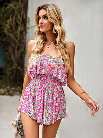 Apricot Floral Print Strapless Sleeveless Ruffles Backless Strapless Wide One Piece Outfit Summer
