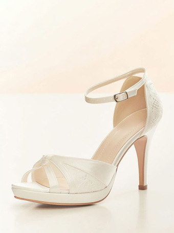 White Wedding Shoes Peep Toe Lace Detail Ankle Strap Bridal Pumps