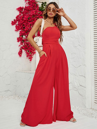 Red One-Shoulder Sleeveless Pleated Wide Summer Jumpsuit