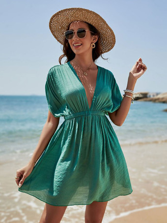 Women Cover Ups Teal Pleated V-Neck Short Sleeves Summer Sexy Swimwear