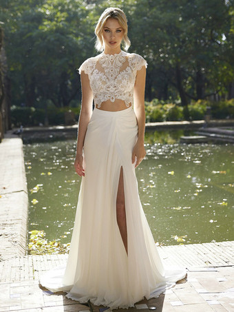 Ivory Two-piece Wedding Dress Lace Jewel Neck A-Line With Train Backless Short Sleeves Bridal Sets Free Customization