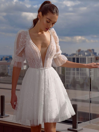 Short Wedding Dresses V-Neck Short Sleeves A-Line Short Bridal Gowns