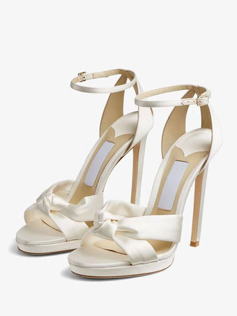 Satin Wedding Shoes White Prom Shoes Open Toe Ankle Strap Bridal Shoes