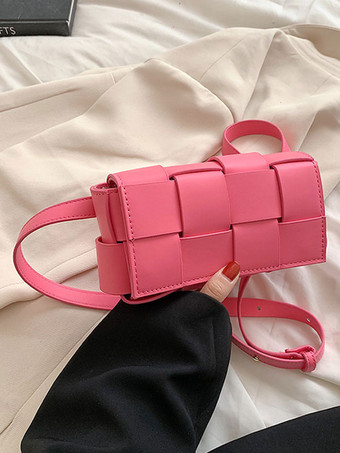 Women's Woven Bags Barbie Pink PU Leather Cross Body Strap Chest Bag