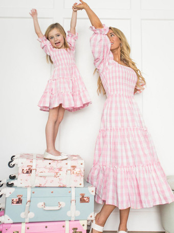 Barbie Pink Gingham Dress Vestido de verano mediano a cuadros con cuello cuadrado para padres e hijos