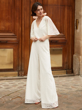 Ivory Bridal Jumpsuit Lace Floor-Length A-Line V-Neck Short Sleeves Bridal Dress Free Customization
