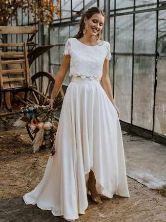 Ivory Two-piece Wedding Dress Stretch Crepe Lace Jewel Neck A-Line Sweep Short Sleeves Bridal Dress Free Customization