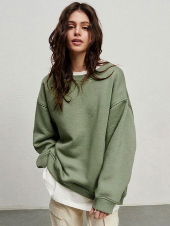 Sweatshirt For Women Olive Long Sleeves Cotton Oversized Tops
