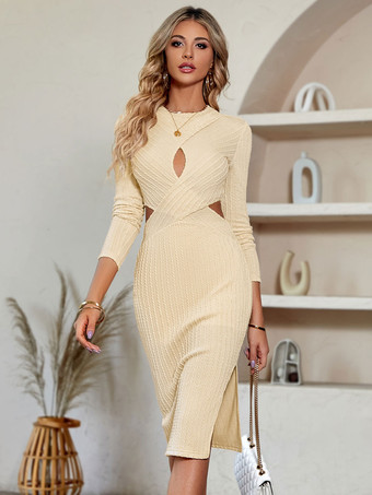 Bodycon Dresses Apricot Long Sleeves Cut Out Sexy Midi Dress