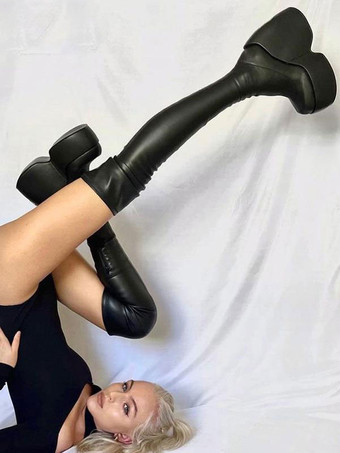 Sexy Thigh High Boots Square Toe Platform Wedge Heel Black Over The Knee Boots