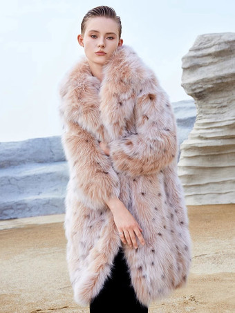 Faux Fur Coats Oversized Turndown Collar Long Sleeves Animal Print Outerwear
