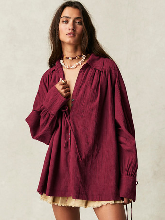 Blouse For Women Burgundy Turndown Collar Oversized Lace Up Buttons Long Sleeves Tops