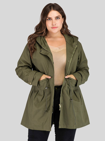 Plus Size Women Jacket Hooded Pockets Hunter Green Outerwear