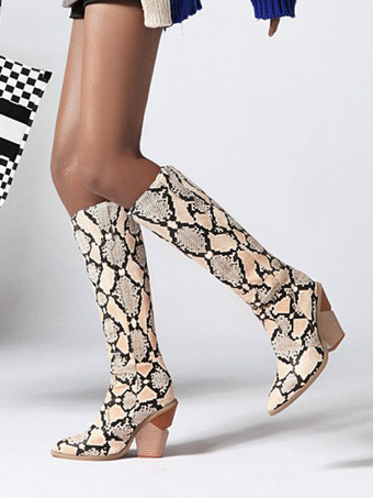 Bottes hauteur genou à talon de forme spéciale en cuir PU imprimé serpent pour femmes