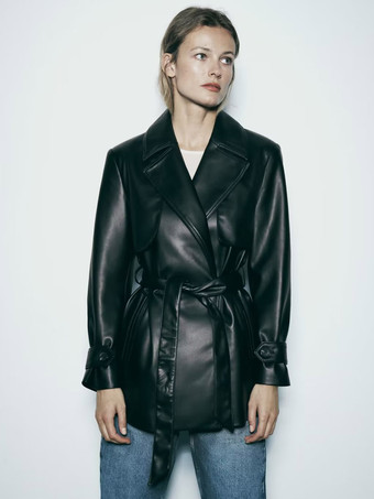 Women Jacket Turndown Collar Sash PU Leather