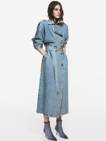 Trench Coat Notched Lapel Double Breast Belted Women Outerwear