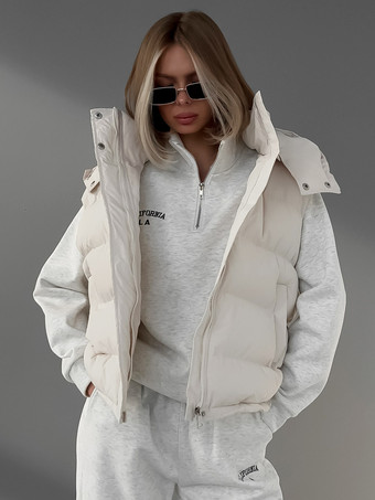 Hooded Vest Stand Collar Zip Up Solid Color Women Coat For Winter