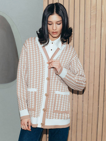 Houndstooth Cardigan Front Buttons Pockets Fall Spring Sweaters For Women