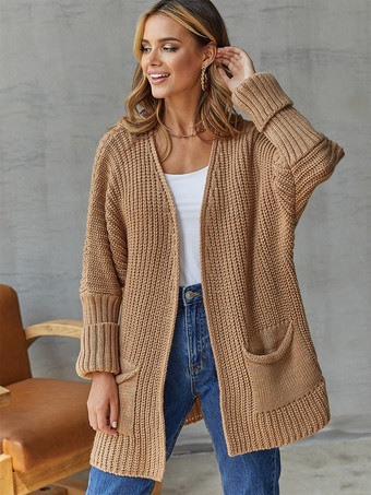 Batwing Sleeves Cardigan Pockets Ribbed Solid Color Fall Winter Sweater