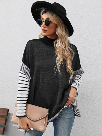 Loose Sweater Mock Neck Long Sleeves Stripes Trim Women's Pullover