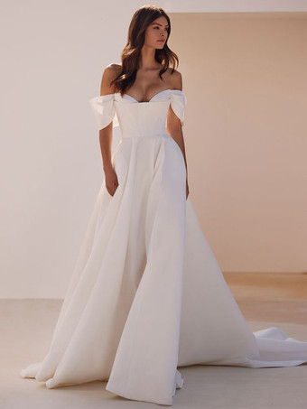 Vintage Wedding Dress Court Train Off-The-Shoulder Sleeveless Satin Fabric Bridal Gowns