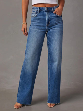Straight Jeans High Wasited Zipper Wide Leg With Fringe Women's Trousers