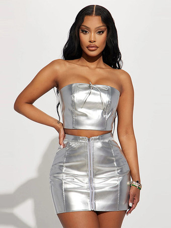 Silver Two-Pieces Outfit Off Shoulder Top Mini Skirt Sexy Clubwear Set