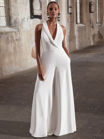 Bridal Jumpsuit Lace Lace Floor-Length Jumpsuit V-Neck Sleeveless Natural Waist Ivory