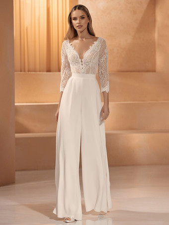 Bridal Jumpsuit Lace Lace Floor-Length Jumpsuit V-Neck 3/4 Length Sleeves Natural Waist Ivory
