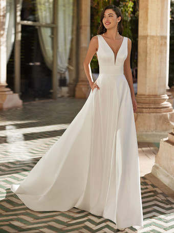Simple Wedding Dress Satin Fabric V-Neck Sleeveless A-Line Bridal Gowns