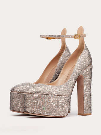 Zapatos de fiesta con correa en el tobillo y tacón grueso con plataforma y diamantes de imitación para mujer