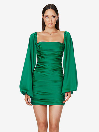 Bodycon Dresses Birthday Green Long Sleeves Sexy Square Neck Body-conscious Dress Sheath Dress