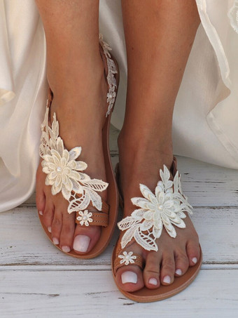 Sapatos de noiva femininos com renda bordada sandálias de noiva rasas