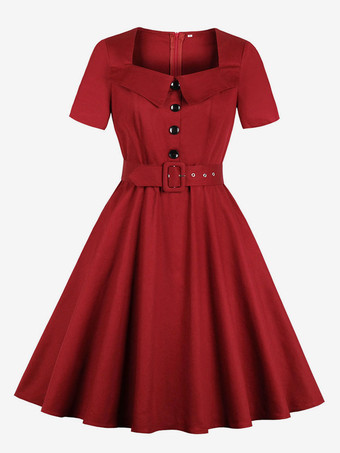 Vintage Kleider Dunkelrot mit Falten 50er jahre mode Kurzarm viereckiger Ausschnitt Baumwolle im Retro-Style