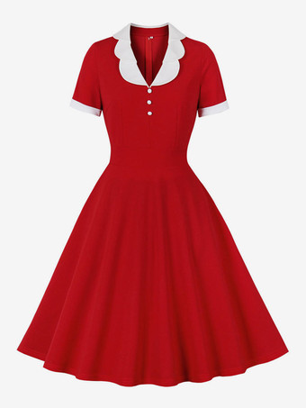 Abito retrò anni '50 stile Audrey Hepburn Abito rosso bicolore a maniche corte da donna Rockabilly