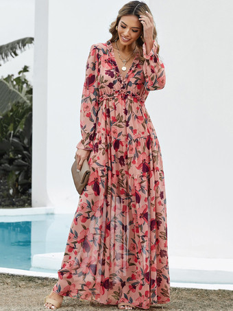 Maxi Dress V-Neck Long Sleeves Polyester Sexy Floral Print Layered Long Dress